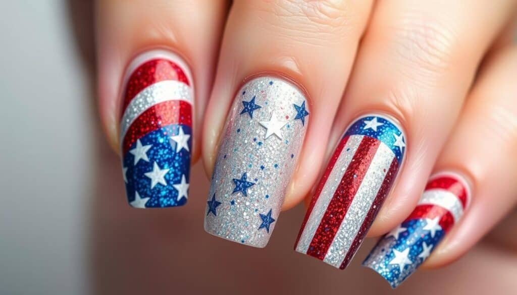 Glittery patriotic nail art