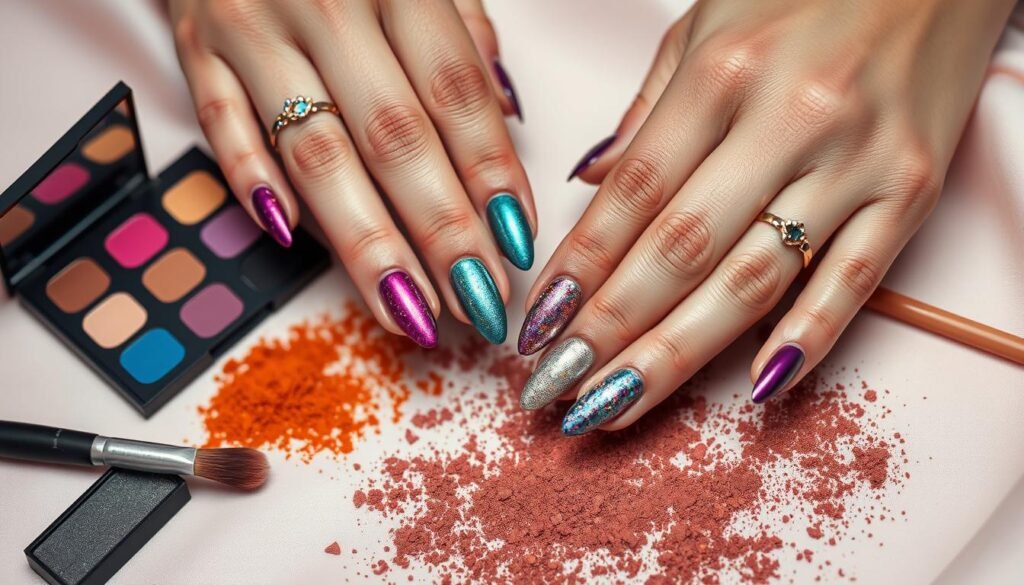 DIY chrome nails with eyeshadow