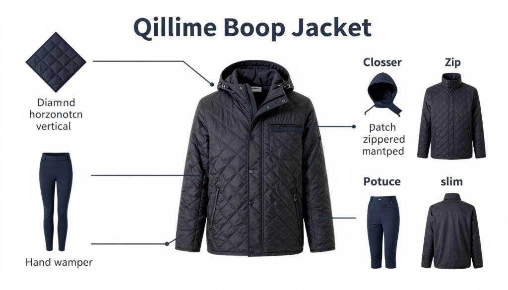 Diagram showing key features of a quilted jacket including quilting patterns, collar types, and pocket styles - clothing quilted jacket buying guide