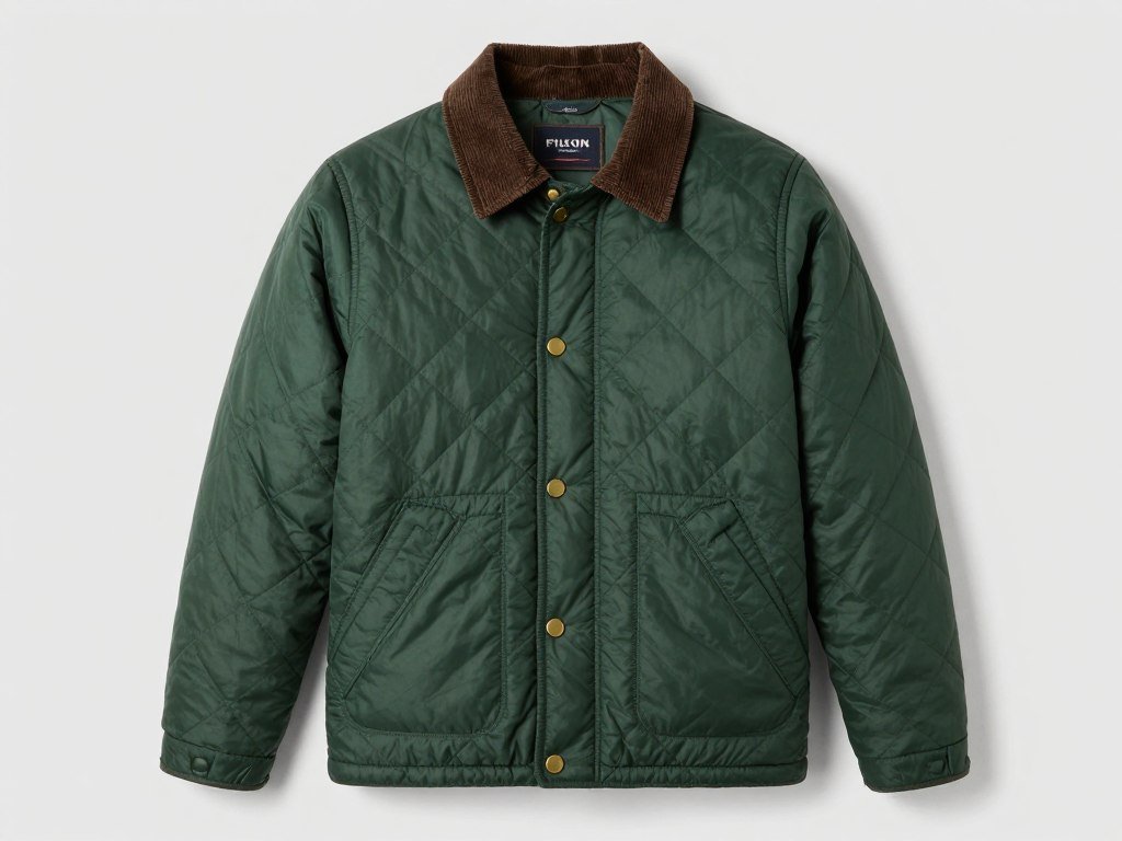 Filson Quilted Pack Jacket in dark green with corduroy collar and brass hardware - premium clothing quilted jacket