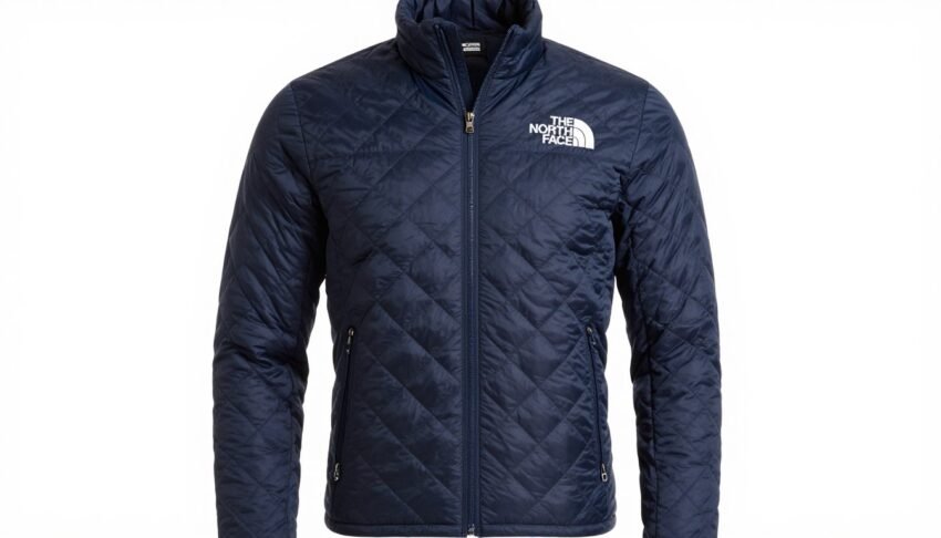 Premium North Face quilted jacket in navy blue, showcasing diamond quilting pattern and stand collar - our top clothing quilted jacket pick