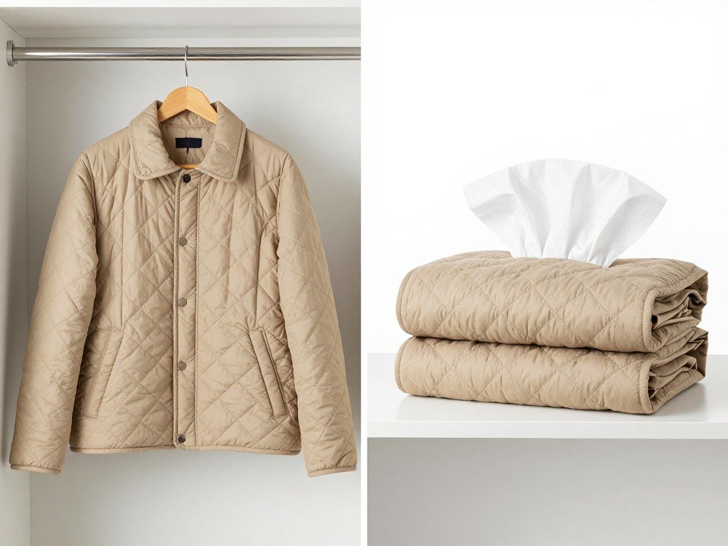 Proper storage methods for quilted jackets showing hanging vs. folded options - clothing quilted jacket care guide