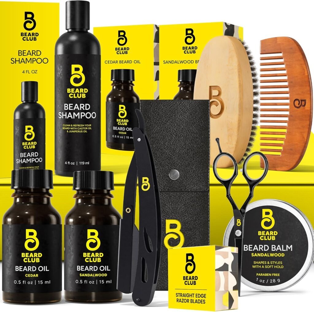 Beard Club Beard Kit for Men - Grooming  Care Kit - Cedar  Sandalwood Oil, Sandalwood Balm, Shampoo, Boar Bristle Brush, Comb, Trimming Scissors, Straight Edge Razor - Gift Set