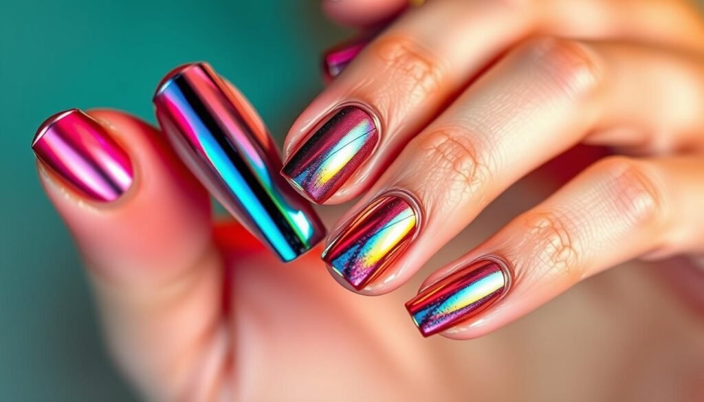 chrome nails with eyeshadow