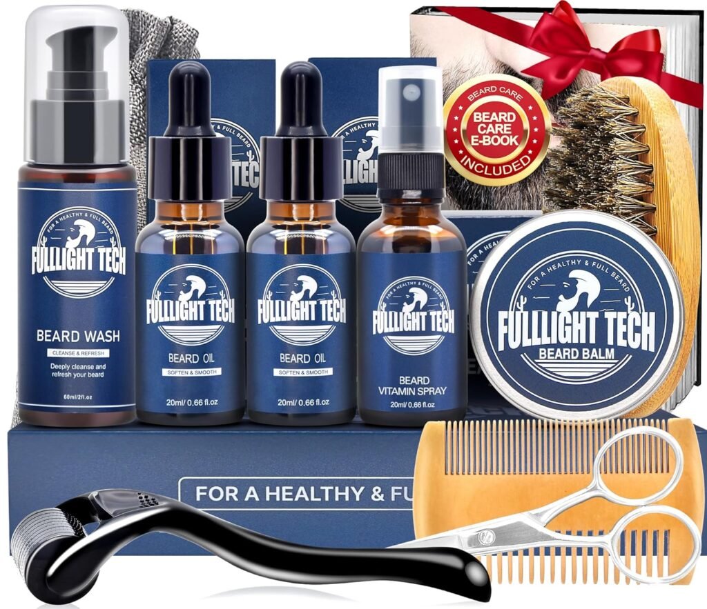 FULLLIGHT TECH Beard Kit with Vitamin Spray, 2x Oil, Balm, Wash, Brush, Comb, Scissors - Mens Beard Care Kit for Men Fathers Gifts for Dad,Him,Husband Boyfriend