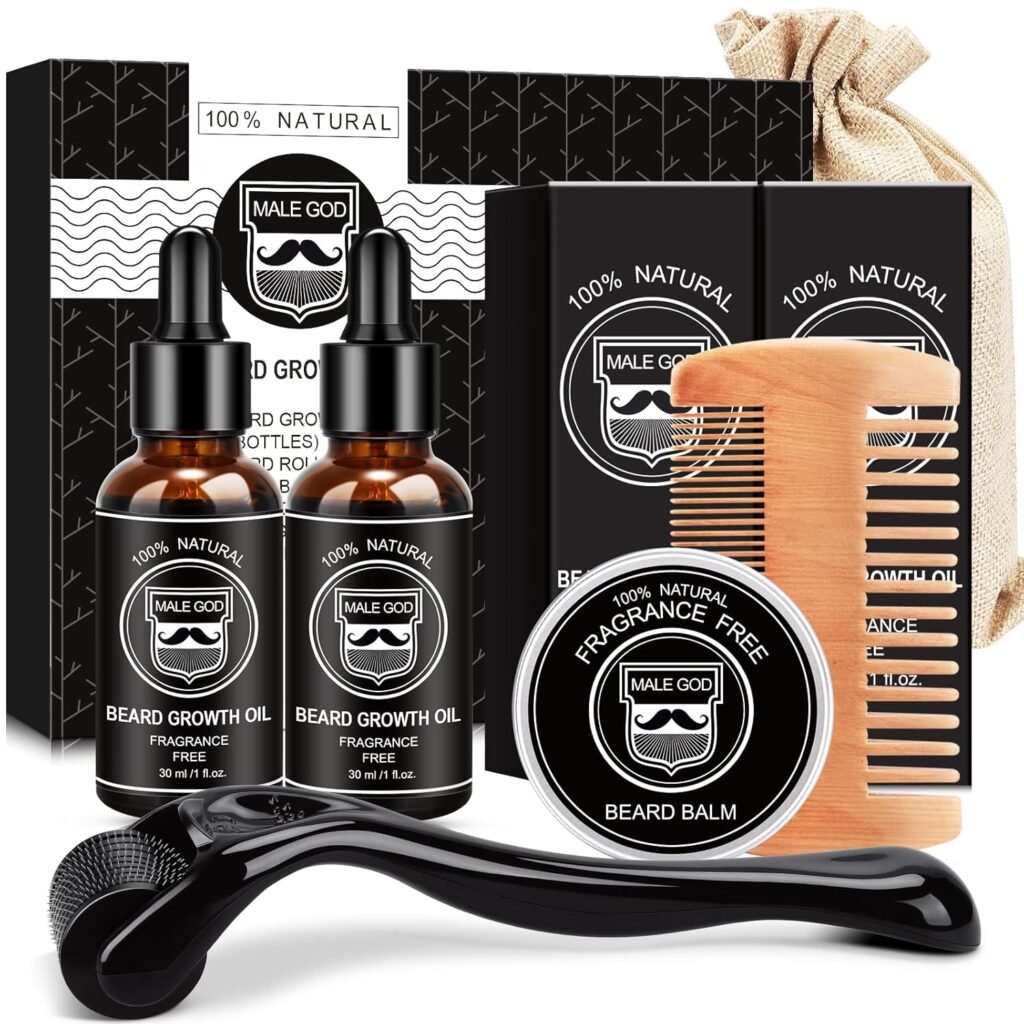 MALE GOD Beard Growth Kit, Beard Kit W/Beard Growth Oil, Balm, Comb, Massager for Spot/Patchy Beard, Gifts for Men Him Boyfriend Husband