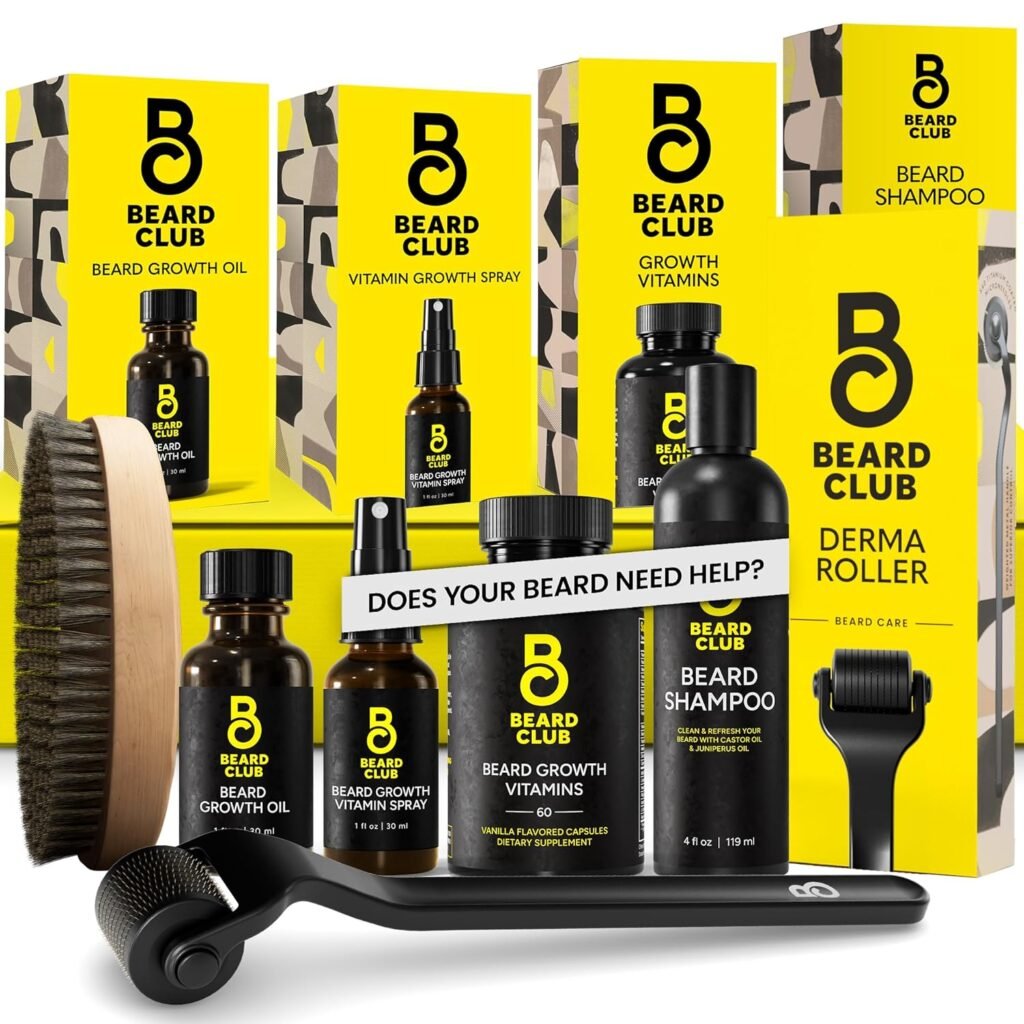 The Beard Club Advanced Beard Growth Kit - Derma Roller, Beard Growth Oil, Beard Growth Vitamins and Beard Growth Vitamin Spray, Beard Shampoo and Beard Brush - Gift Set - Cedar