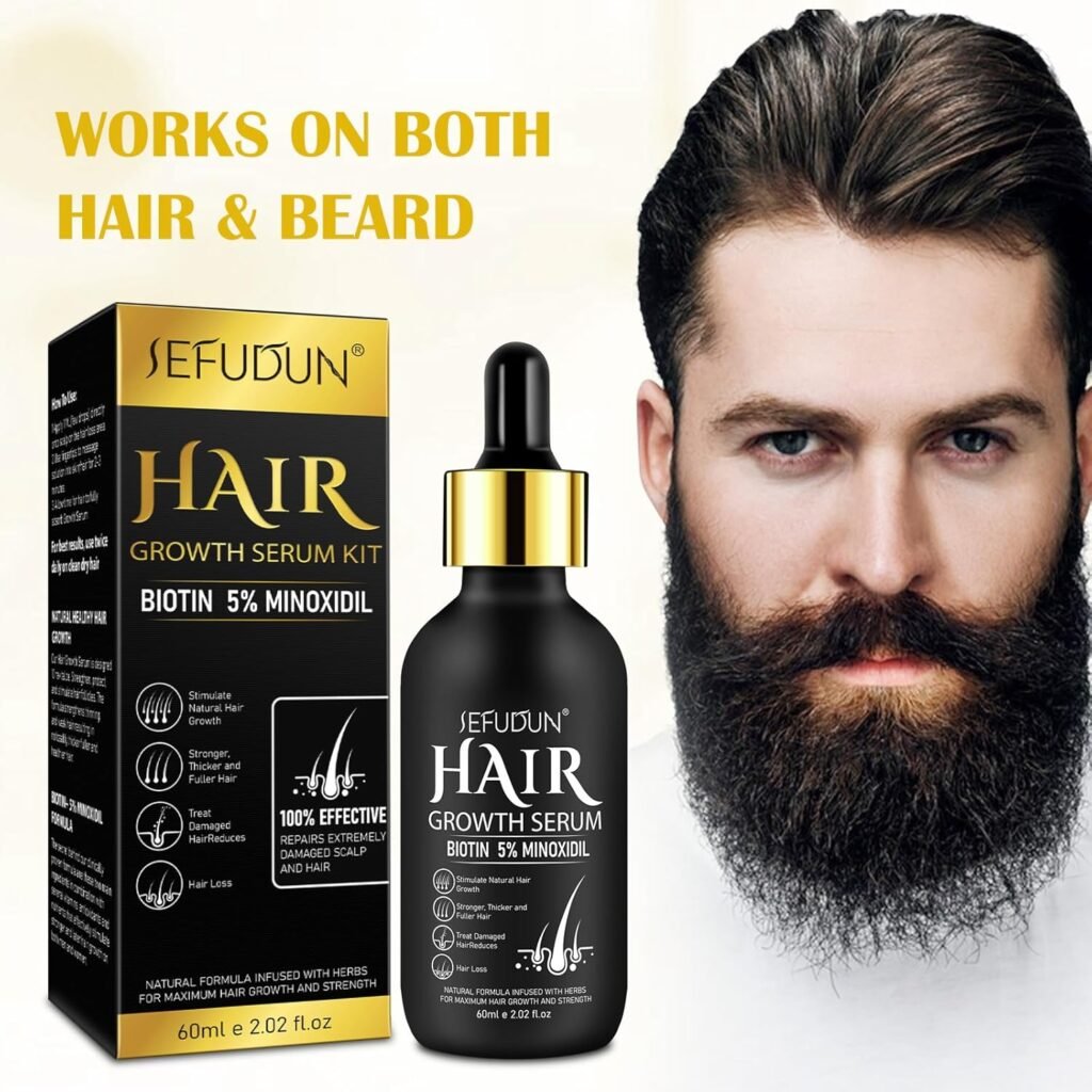 5% Minoxidil for Men and Women with Derma Roller, Hair Growth Serum  Beard Growth Kit, Minoxidil Biotin Hair Regrowth Treatment for Thicker, Fuller Hair - Stop Scalp Hair Loss  Thinning - 2.02 oz