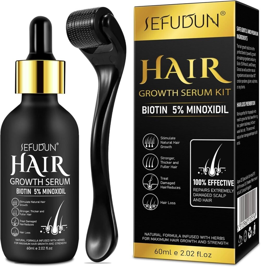 5% Minoxidil for Men and Women with Derma Roller, Hair Growth Serum  Beard Growth Kit, Minoxidil Biotin Hair Regrowth Treatment for Thicker, Fuller Hair - Stop Scalp Hair Loss  Thinning - 2.02 oz
