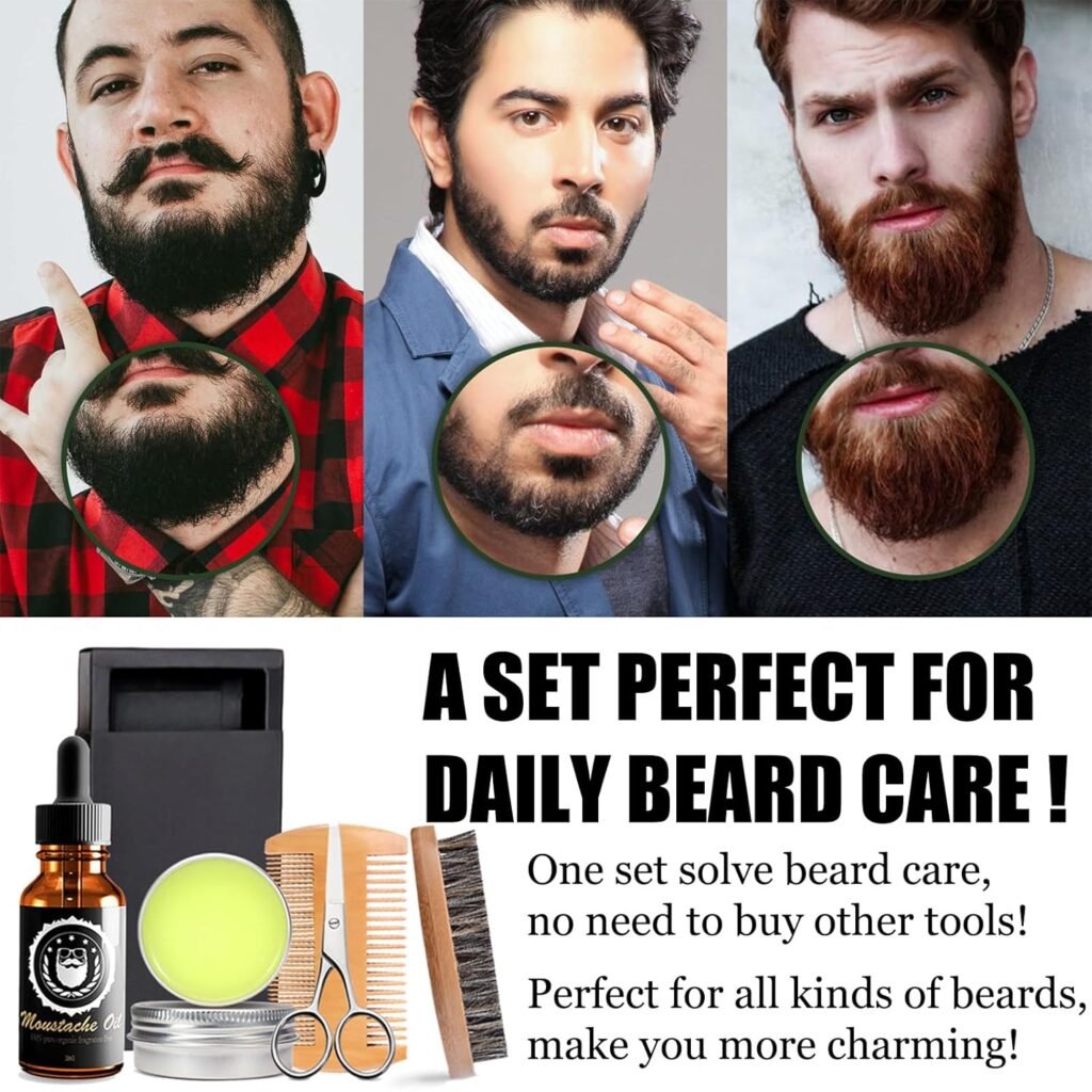 Beard Grooming Kit - Mens Christmas Stocking Stuffer With Brush, Comb, Balm, Growth Oil, Scissors