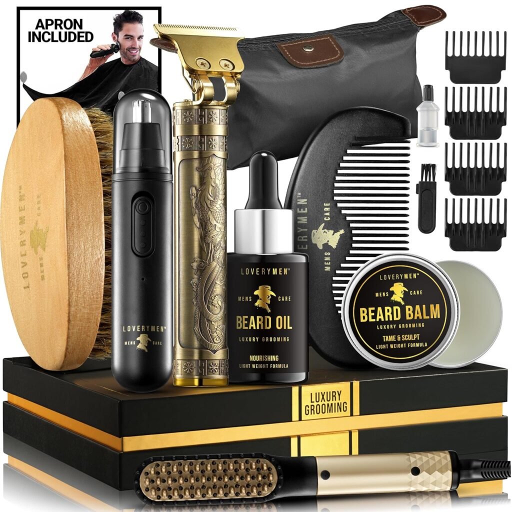 Gifts for Him, Gifts for Men, Mens Grooming Beard Kit, Beard Trimmer, Nose Hair Trimmer, Hair Straightener Brush, Oil, Balm  More, 15pc Beard Kit for Men Care Mens Gifts Birthday