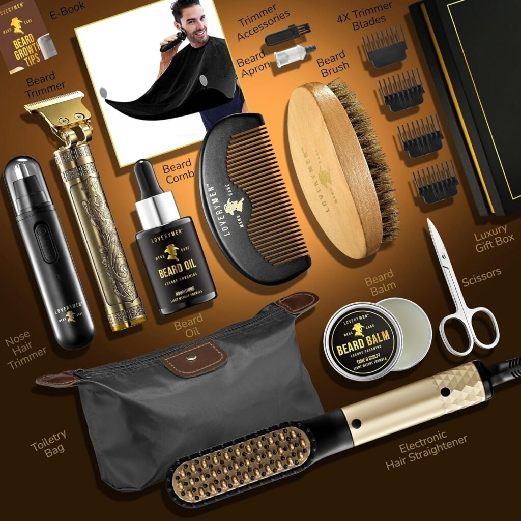 Gifts for Him, Gifts for Men, Mens Grooming Beard Kit, Beard Trimmer, Nose Hair Trimmer, Hair Straightener Brush, Oil, Balm  More, 15pc Beard Kit for Men Care Mens Gifts Birthday