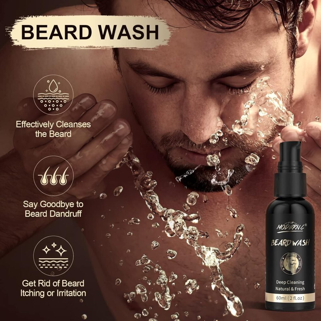 POP MODERN.C Beard Growth Kit Beard Grooming Kit 6pcs Beard Wash Shampoo Beard Oil Beard Balm Beard Comb Brush Scissors