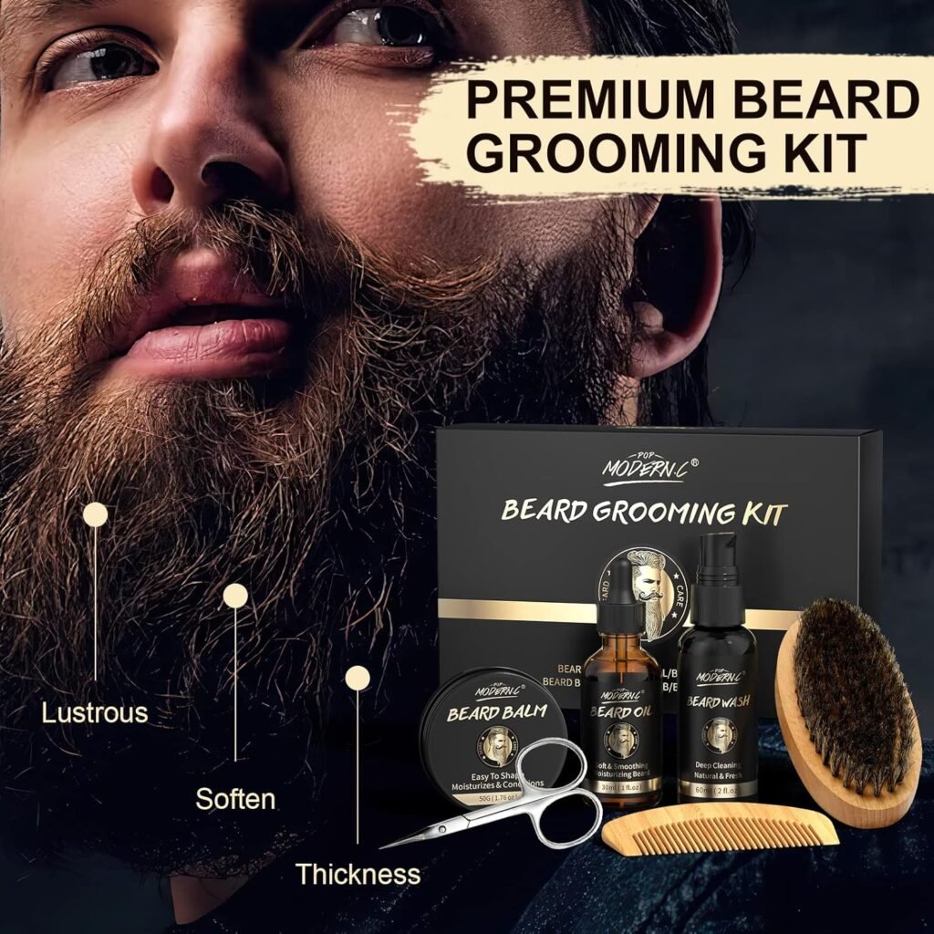 POP MODERN.C Beard Growth Kit Beard Grooming Kit 6pcs Beard Wash Shampoo Beard Oil Beard Balm Beard Comb Brush Scissors