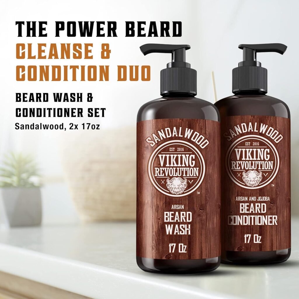 Viking Revolution Beard Wash  Beard Conditioner Set with Argan  Jojoba Oils - Softens and Strengthens - Natural Sandalwood Scent - Beard Shampoo with Beard Oil (17 oz)