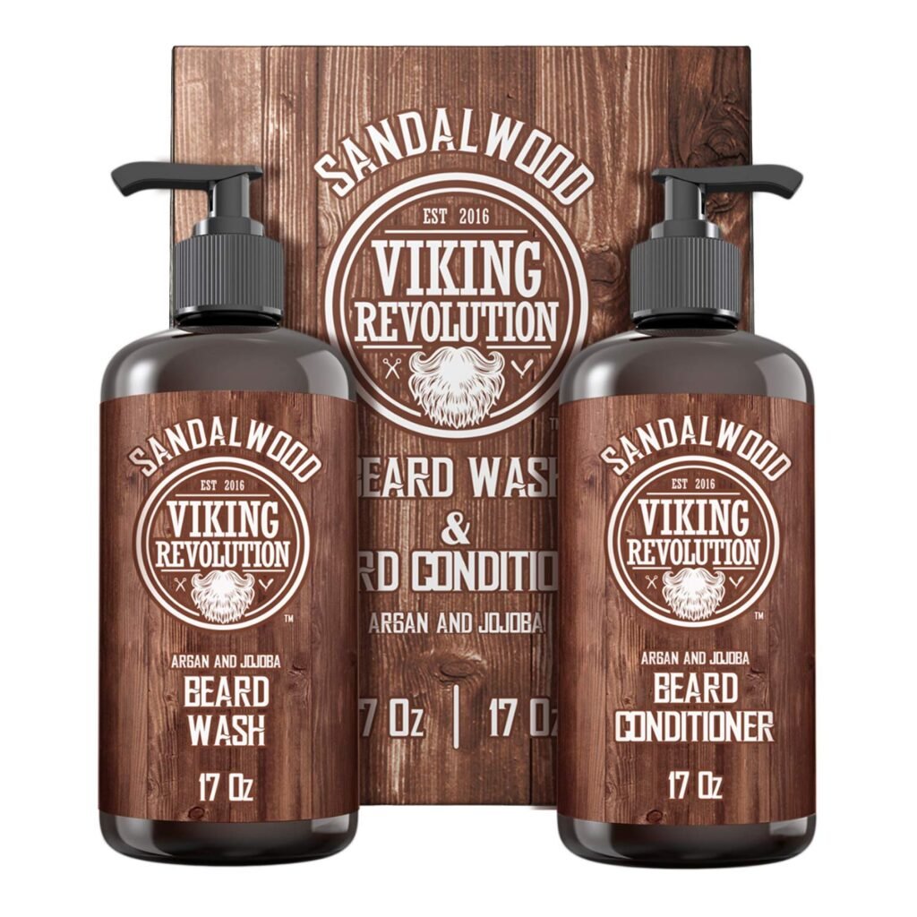 Viking Revolution Beard Wash  Beard Conditioner Set with Argan  Jojoba Oils - Softens and Strengthens - Natural Sandalwood Scent - Beard Shampoo with Beard Oil (17 oz)
