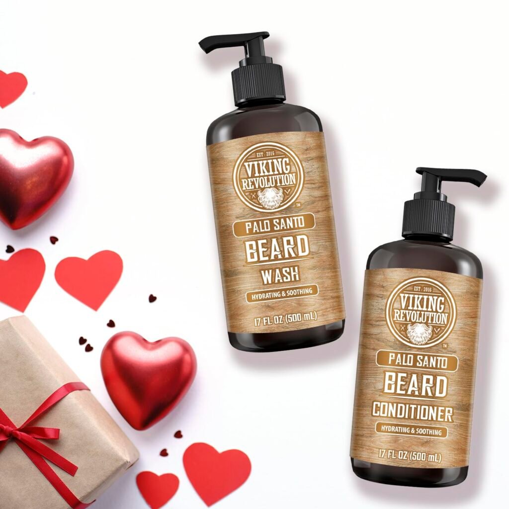 Viking Revolution Beard Wash  Beard Conditioner Set with Argan  Jojoba Oils - Softens and Strengthens - Natural Sandalwood Scent - Beard Shampoo with Beard Oil (17 oz)