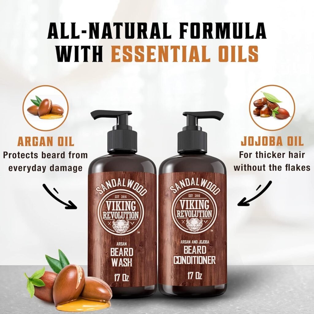 Viking Revolution Beard Wash  Beard Conditioner Set with Argan  Jojoba Oils - Softens and Strengthens - Natural Sandalwood Scent - Beard Shampoo with Beard Oil (17 oz)