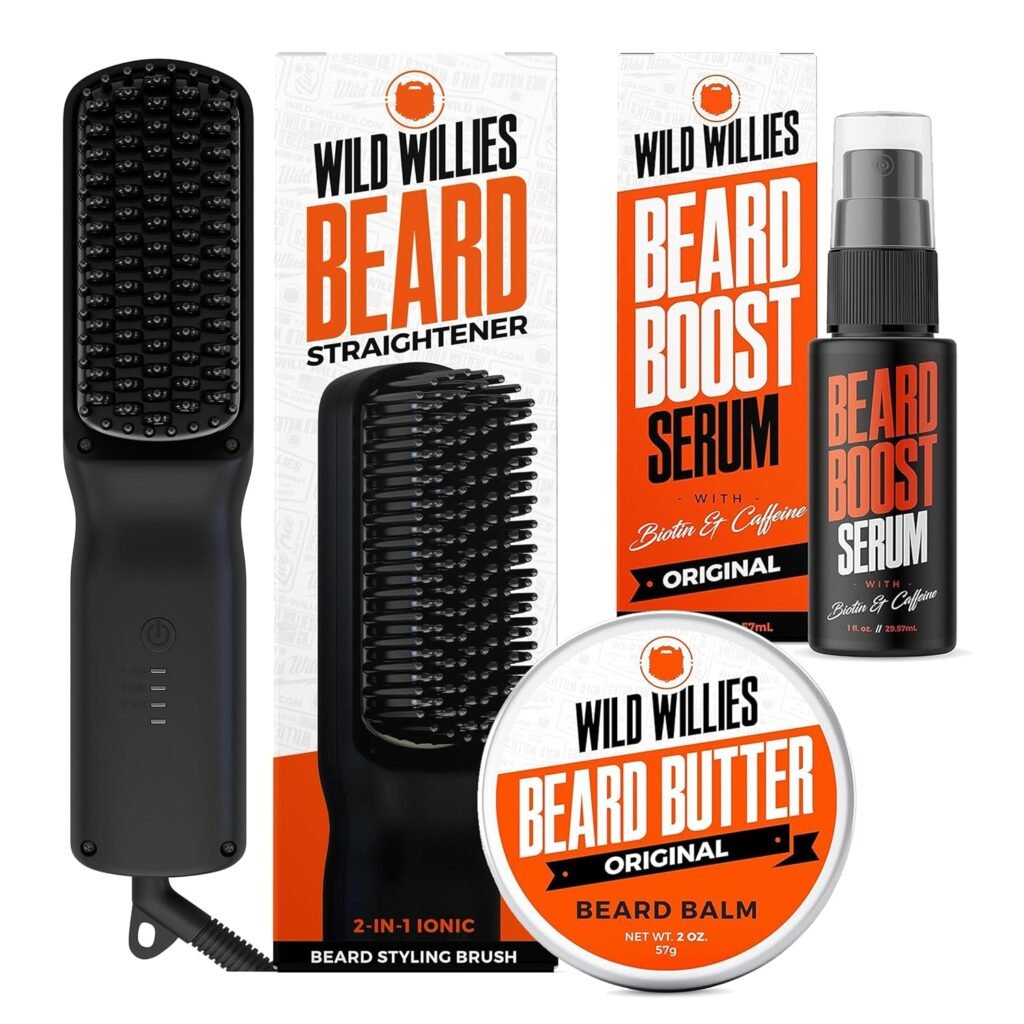 Wild Willies Beard Care Kit: Heated Beard Straightener for Men, Beard Butter,  Beard Growth Serum - Ultimate Grooming Tool Set, Beard Balm, Hydrating Serum, Hot Comb Beard Brush for Daily Use