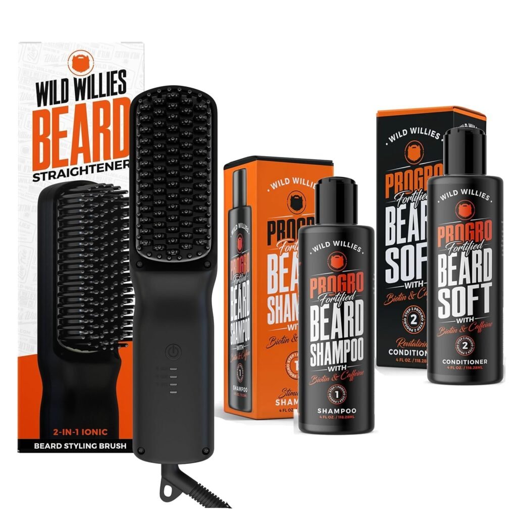 Wild Willies Beard Grooming Kit - Beard Straightener for Men, PROGRO - Fortified with Biotin  Caffeine for Hair Growth, Wash, Hydration - Ionic 2-in-1 Heated Comb Brush, Made in USA